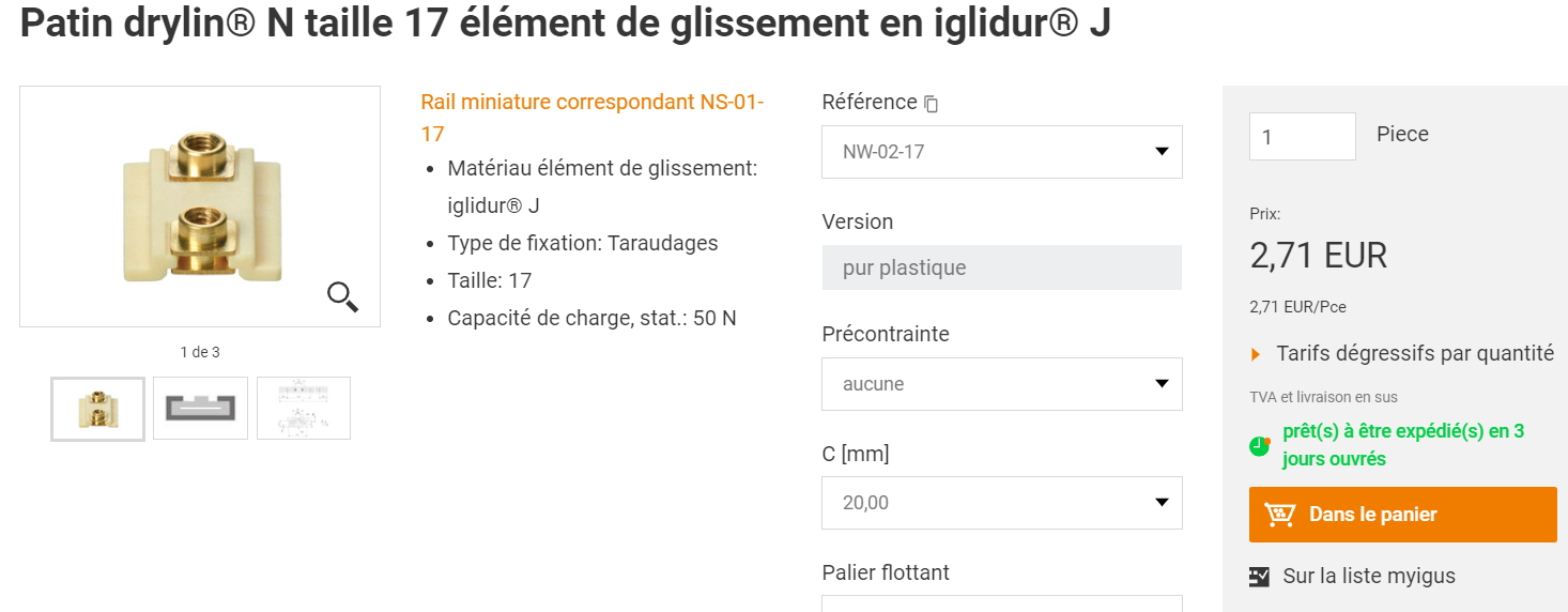 patin guidage igus taille 17